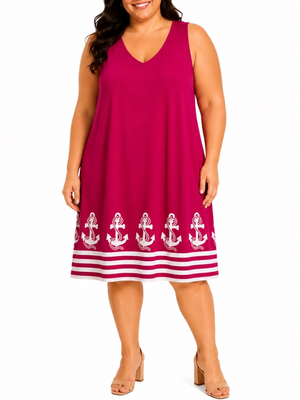 Plus Size pink white nautical anchor print sleeveless stretch shift dress 5XL